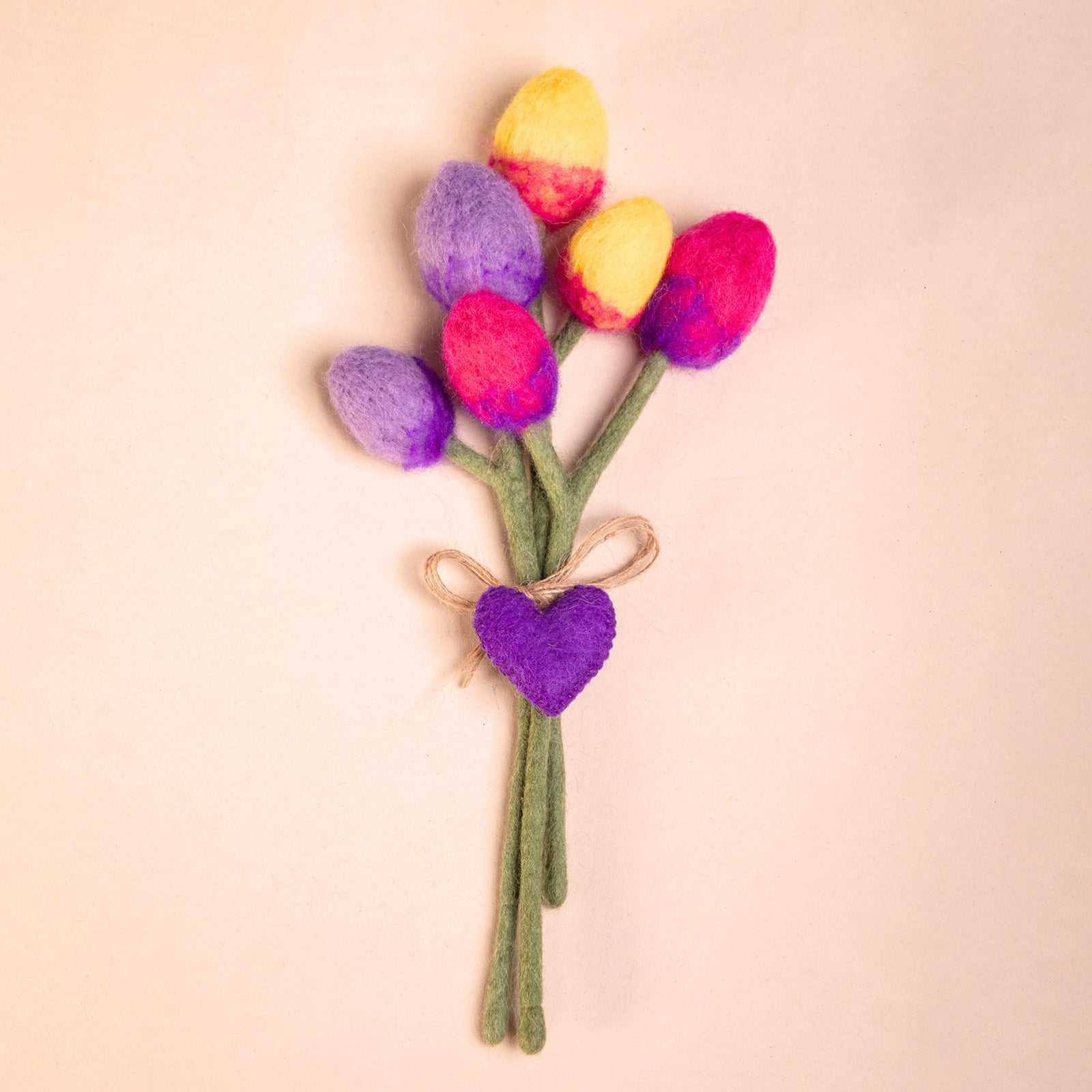 ***PACK OF 5*** Handmade Tulip Felt Bouquet with Heart Charm - Garden Mix