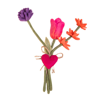 ***PACK OF 5*** Handmade Mixed Felt Bouquet with Tulip Stem & Heart Charm – Pink