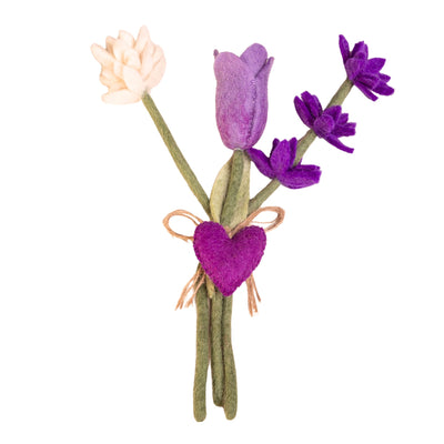 ***PACK OF 5*** Handmade Mixed Felt Bouquet with Tulip Stem & Heart Charm – Lavender