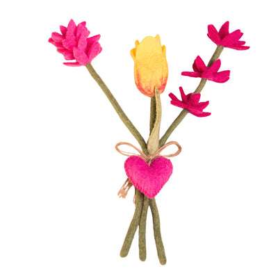***PACK OF 5*** Handmade Mixed Felt Bouquet with Tulip Stem & Heart Charm – Yellow