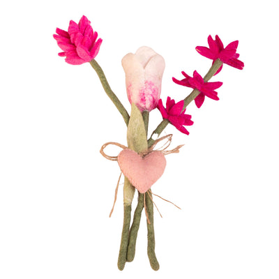 ***PACK OF 5*** Handmade Mixed Felt Bouquet with Tulip Stem & Heart Charm – White with Pink Accent