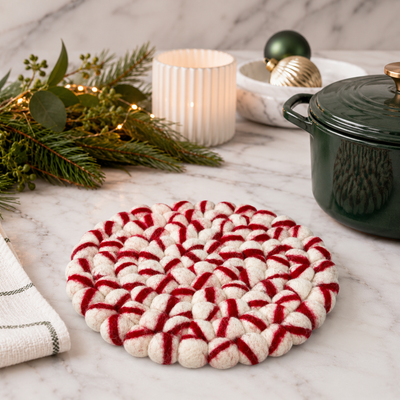 Felt Ball Trivet: Round,  Peppermint Christmas Trivet