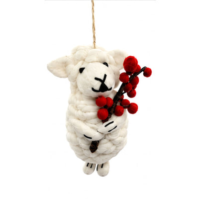 Sheep with Holly Berries Felt Ornament