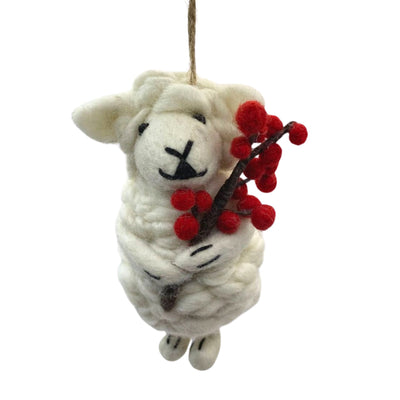Sheep with Holly Berries Felt Ornament