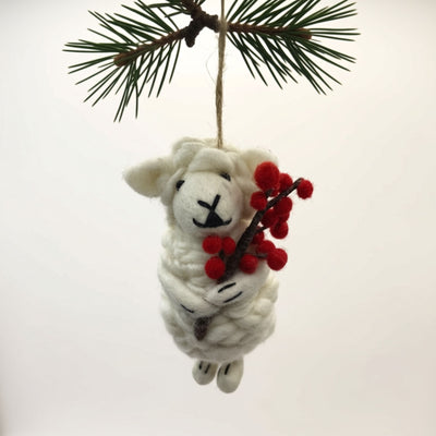 Sheep with Holly Berries Felt Ornament
