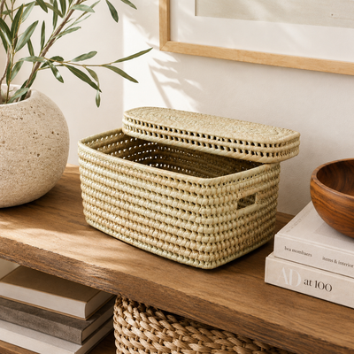 Kenya - Handles + Lidded Rectangular Organizer Basket