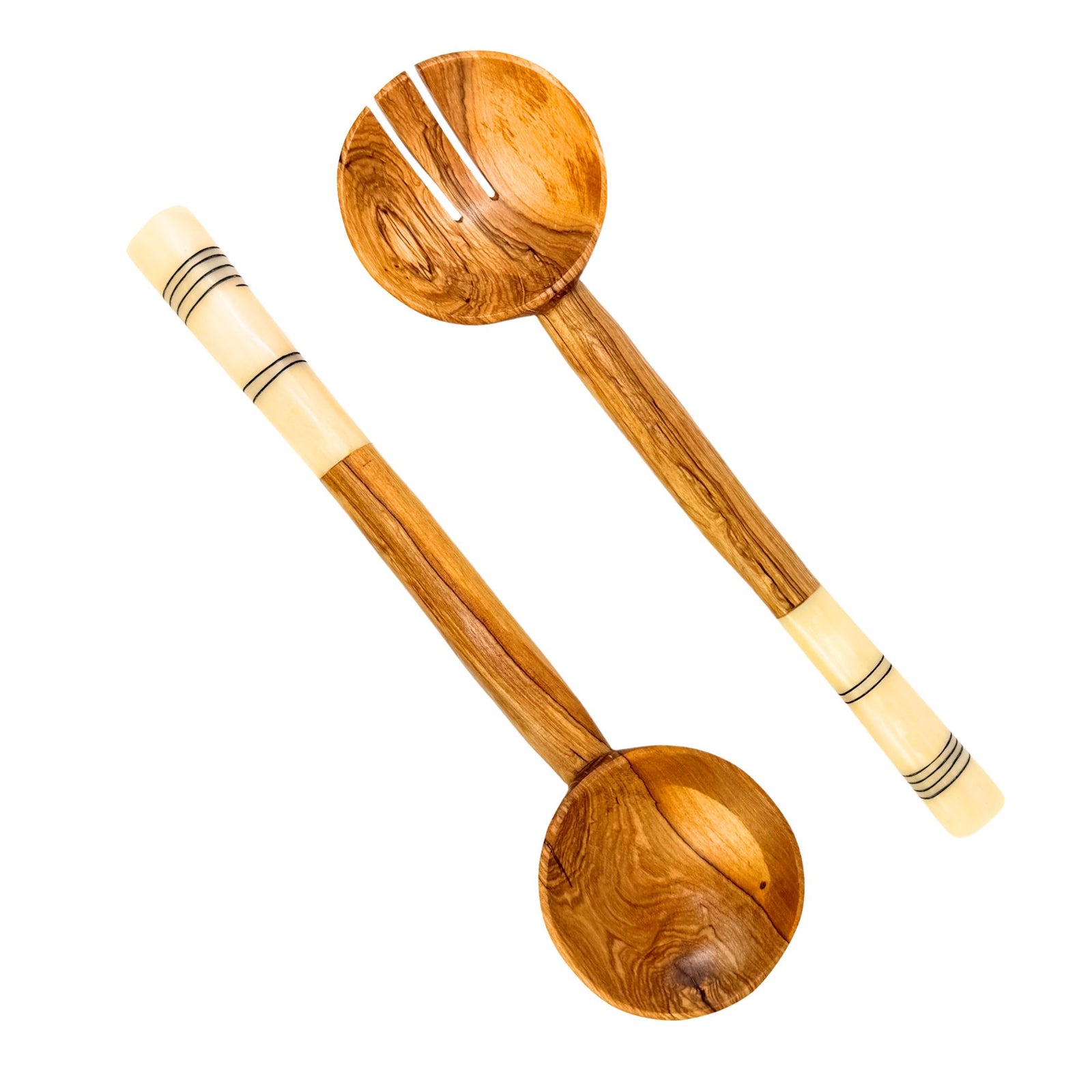 Olive Wood Serving Set with Bone Handles, White Handle Simple Batik