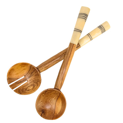Olive Wood Serving Set with Bone Handles, White Handle Simple Batik