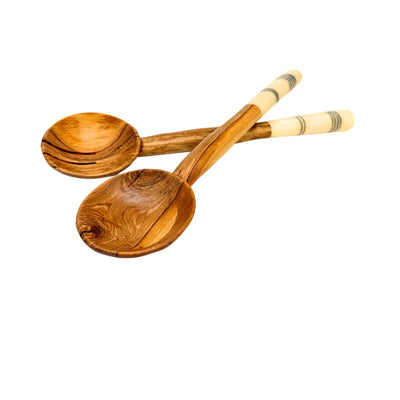 Olive Wood Serving Set with Bone Handles, White Handle Simple Batik