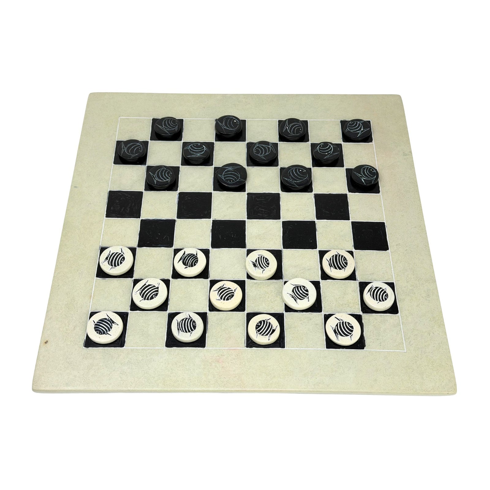 Soapstone Hand-Carved Checker Set with Decorative Fish
