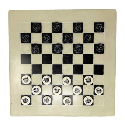 Soapstone Hand-Carved Checker Set with Decorative Fish