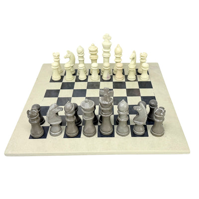 Soapstone Hand-Carved Traditional Chess Set - Grey/Natural Stone