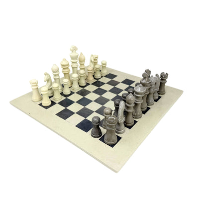 Soapstone Hand-Carved Traditional Chess Set - Grey/Natural Stone