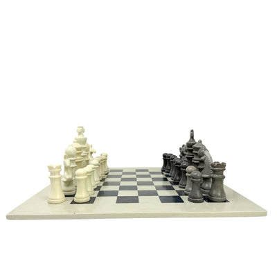 Soapstone Hand-Carved Traditional Chess Set - Grey/Natural Stone