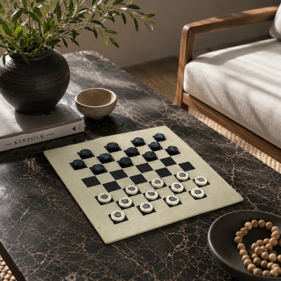 Soapstone Hand-Carved Checker Set with Decorative Fish