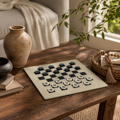 Soapstone Hand-Carved Checker Set with Decorative Fish