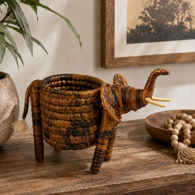 Handcrafted Banana Fiber Safari Animal Elephant Basket - Large