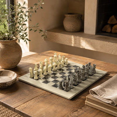 Soapstone Hand-Carved Traditional Chess Set - Grey/Natural Stone