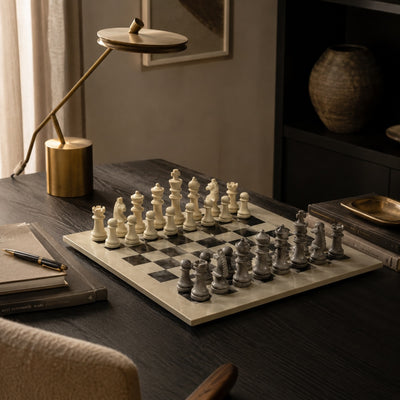 Soapstone Hand-Carved Traditional Chess Set - Grey/Natural Stone