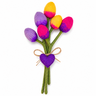 ***PACK OF 5*** Handmade Tulip Felt Bouquet with Heart Charm - Garden Mix