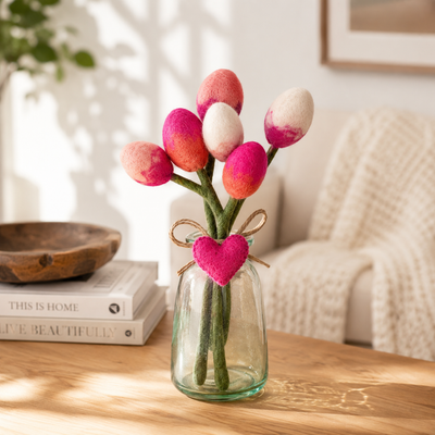 ***PACK OF 5*** Handmade Tulip Felt Bouquet with Heart Charm -  Pink