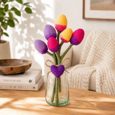 ***PACK OF 5*** Handmade Tulip Felt Bouquet with Heart Charm - Garden Mix