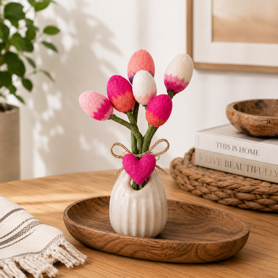 ***PACK OF 5*** Handmade Tulip Felt Bouquet with Heart Charm -  Pink