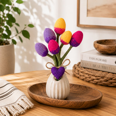 ***PACK OF 5*** Handmade Tulip Felt Bouquet with Heart Charm - Garden Mix