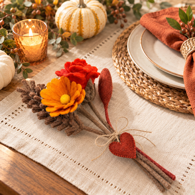 Harvest Table Set of 2: Felt Bouquet and Pumpkin Napkin Rings