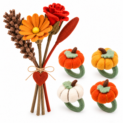 Harvest Table Set of 2: Felt Bouquet and Pumpkin Napkin Rings
