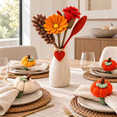 Harvest Table Set of 2: Felt Bouquet and Pumpkin Napkin Rings