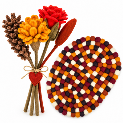 Handmade Felt Fall Tabletop Set – Harvest Flower Bouquet & Oval Casserole Trivet