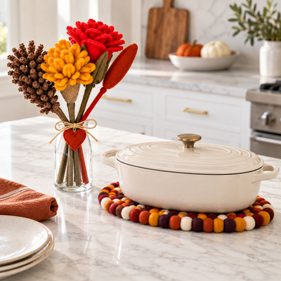 Handmade Felt Fall Tabletop Set – Harvest Flower Bouquet & Oval Casserole Trivet