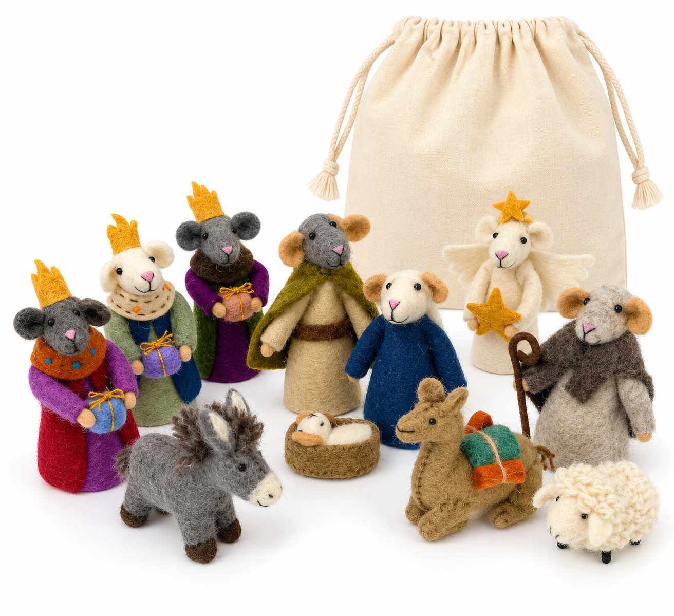 Handcrafted Felt Mice Nativity Set with Storage Bag – 11 Pieces