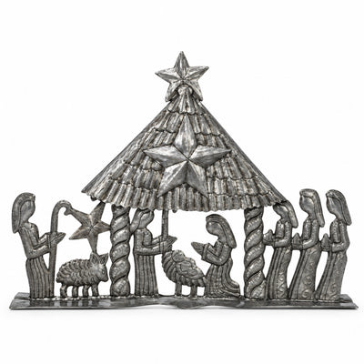 Christmas Hut Nativity Haitian Metal Drum Wall Art- 13 x 10 inch