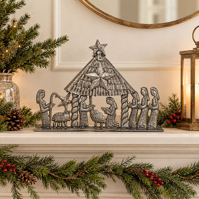Christmas Hut Nativity Haitian Metal Drum Wall Art- 13 x 10 inch