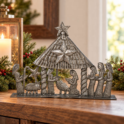 Christmas Hut Nativity Haitian Metal Drum Wall Art- 13 x 10 inch