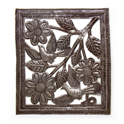 Flower & Birds in Flight Ringed Haitian Metal Drum Square Wall Art (11" x 12")