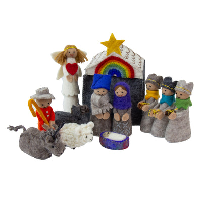 Rainbow Hand-stitched Felt Nativity Set,12 Piece Set with Storage Barn