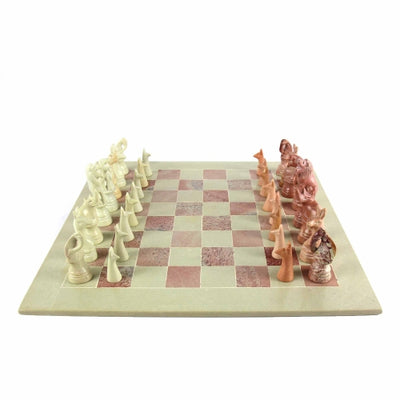 Soapstone Hand-Carved Chess Set  in Box  - Safari Animal Pieces