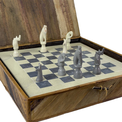 Soapstone Hand-Carved Chess Set in Box - Safari Animal Pieces - Grey/Natural Stone