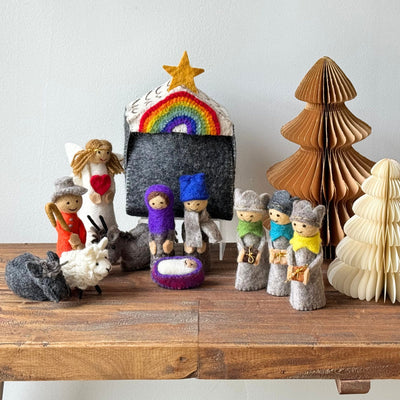 Rainbow Hand-stitched Felt Nativity Set,12 Piece Set with Storage Barn