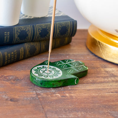 Soapstone Hamsa Hand Incense Holder - Heart Chakra Green