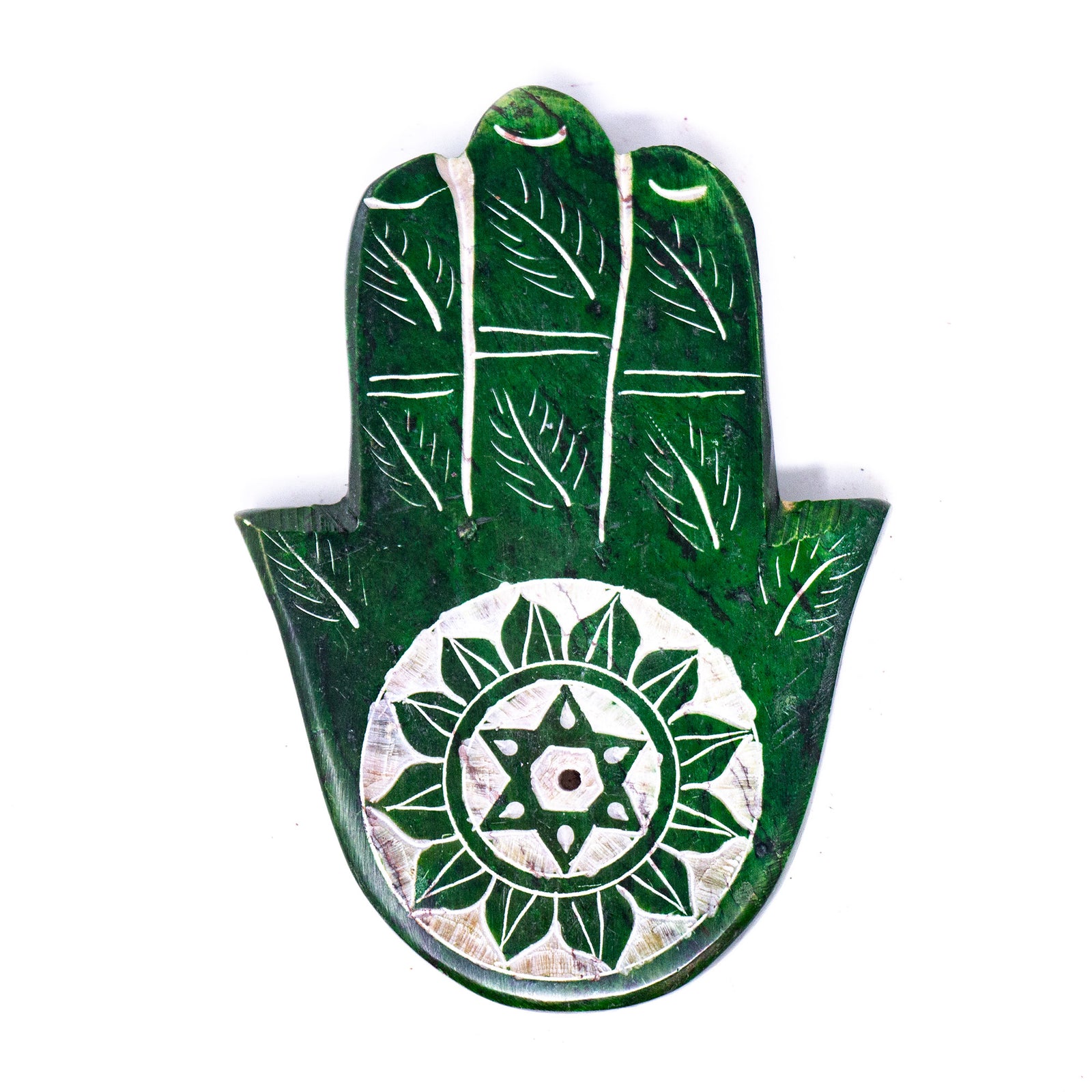 Soapstone Hamsa Hand Incense Holder - Heart Chakra Green