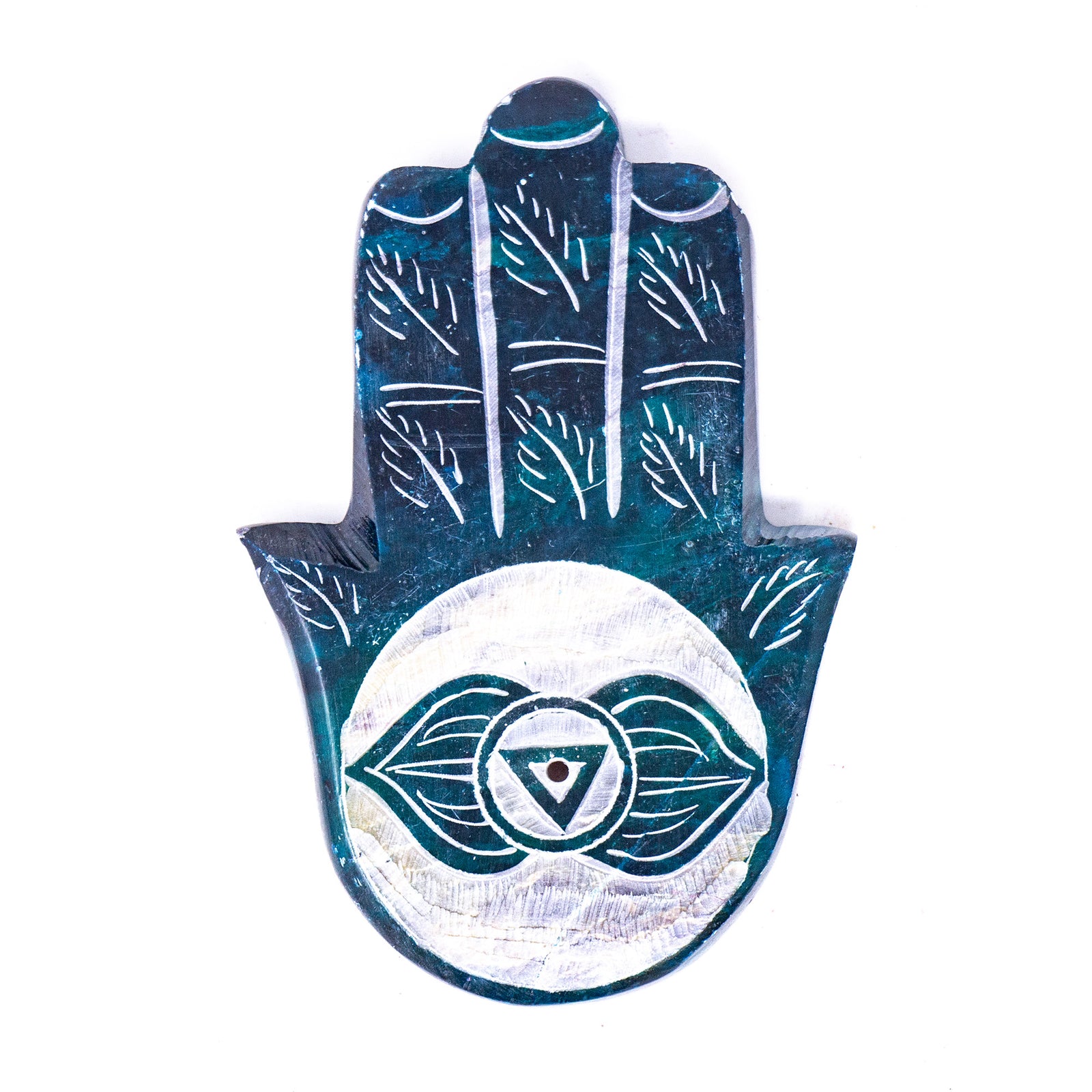 Soapstone Hamsa Hand Incense Holder - Throat Chakra Light Blue