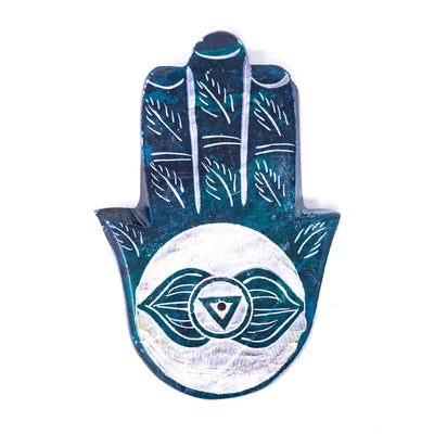 Soapstone Hamsa Hand Incense Holder - Throat Chakra Light Blue