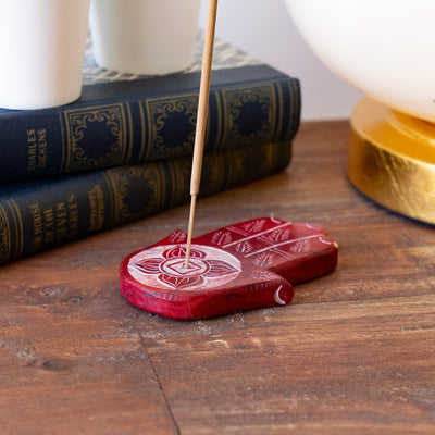 Soapstone Hamsa Hand Incense Holder - Root Chakra Red