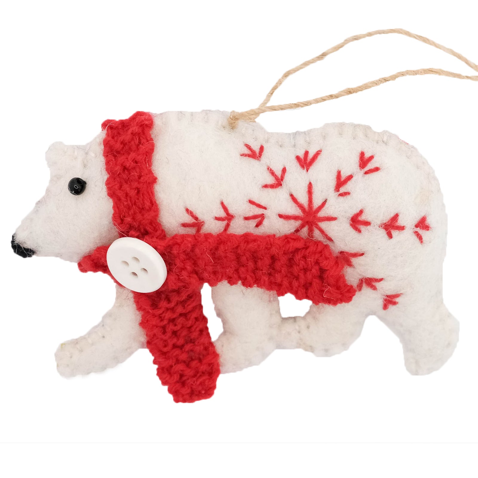 CLOSEOUT - Polar Bear with Red Detail, Handmade Felt Ornament