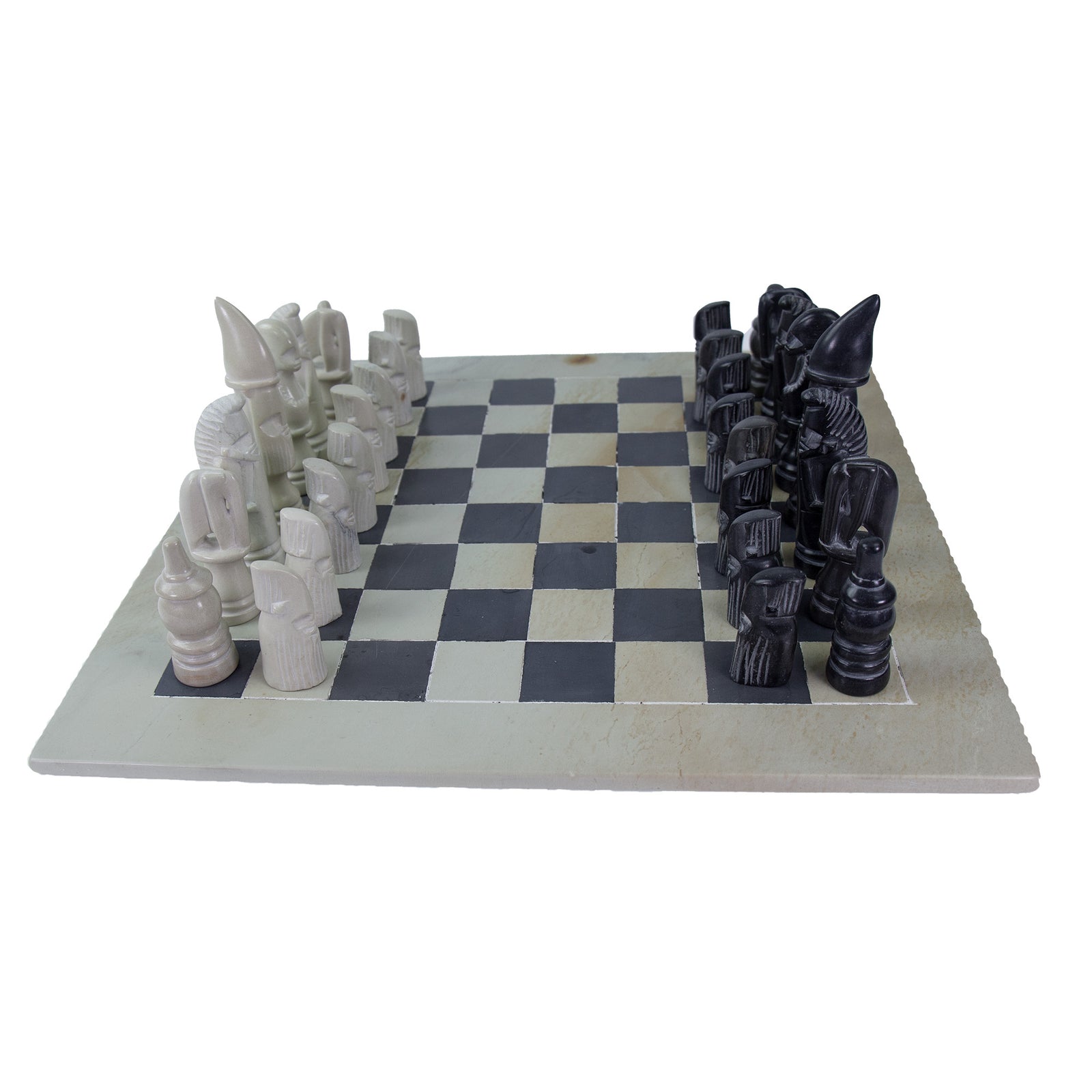 Soapstone Hand-Carved Chess Set - African Maasai Tribe Pieces - Grey/Natural Stone