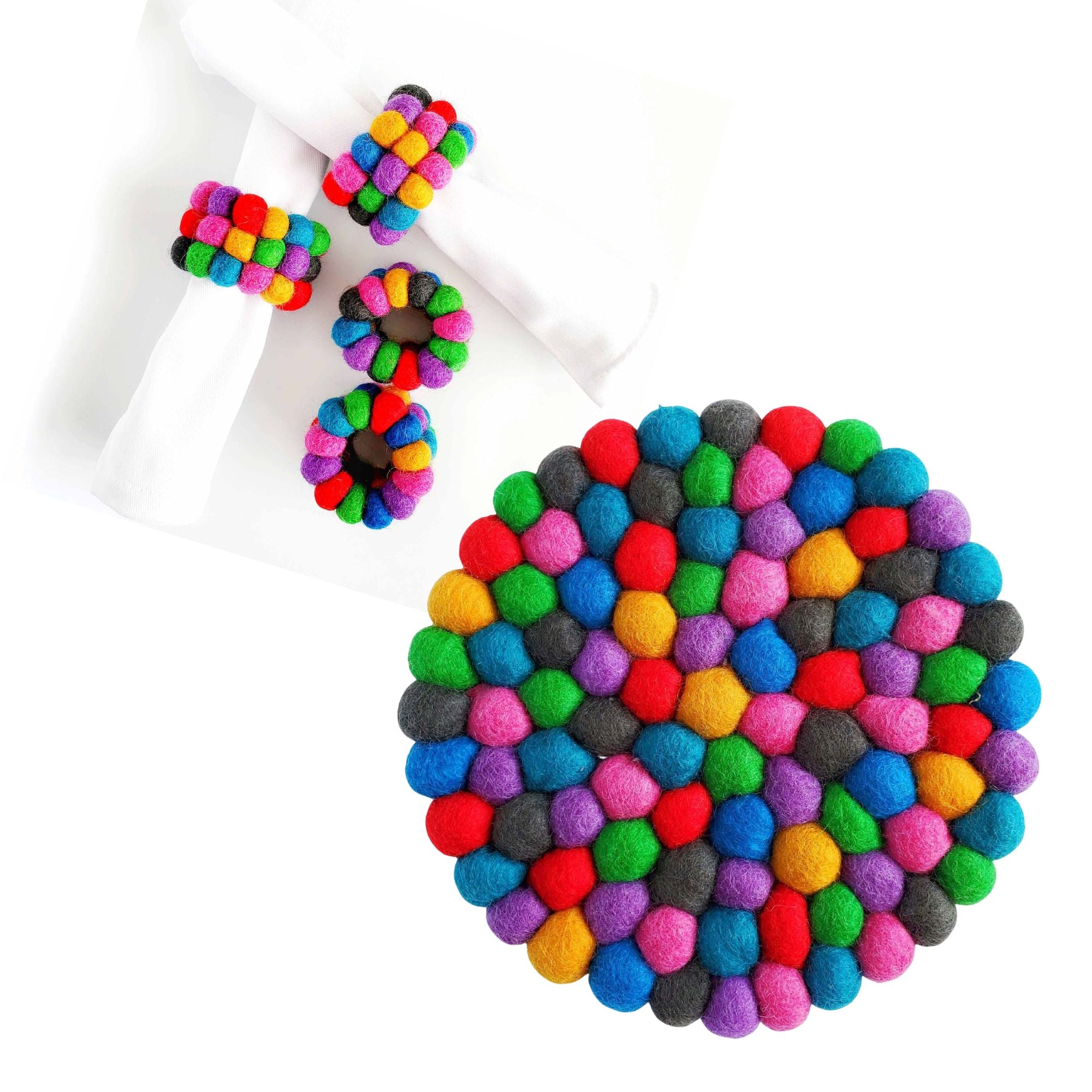 Colorful Felt Trivet and Napkin Rings in Bright Rainbow Colors